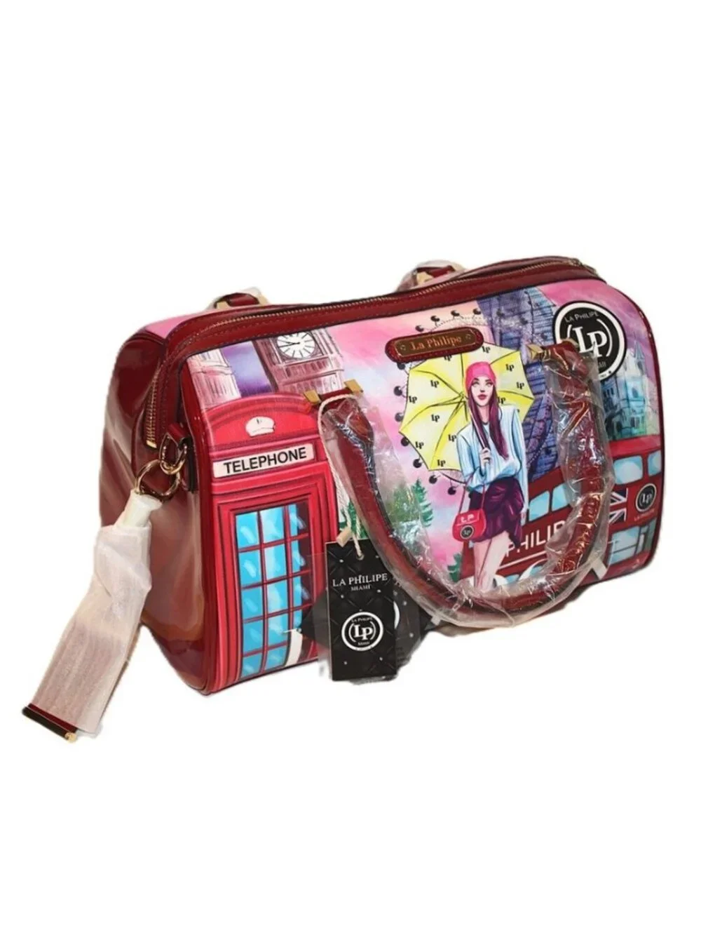 LP La Philipe Purse "Umbrella in London" Handbag Red Large Bag Black Tote LP1020 - Picture 6 of 16